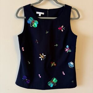 Sequin and beaded dragonfly and bug sleeveless top